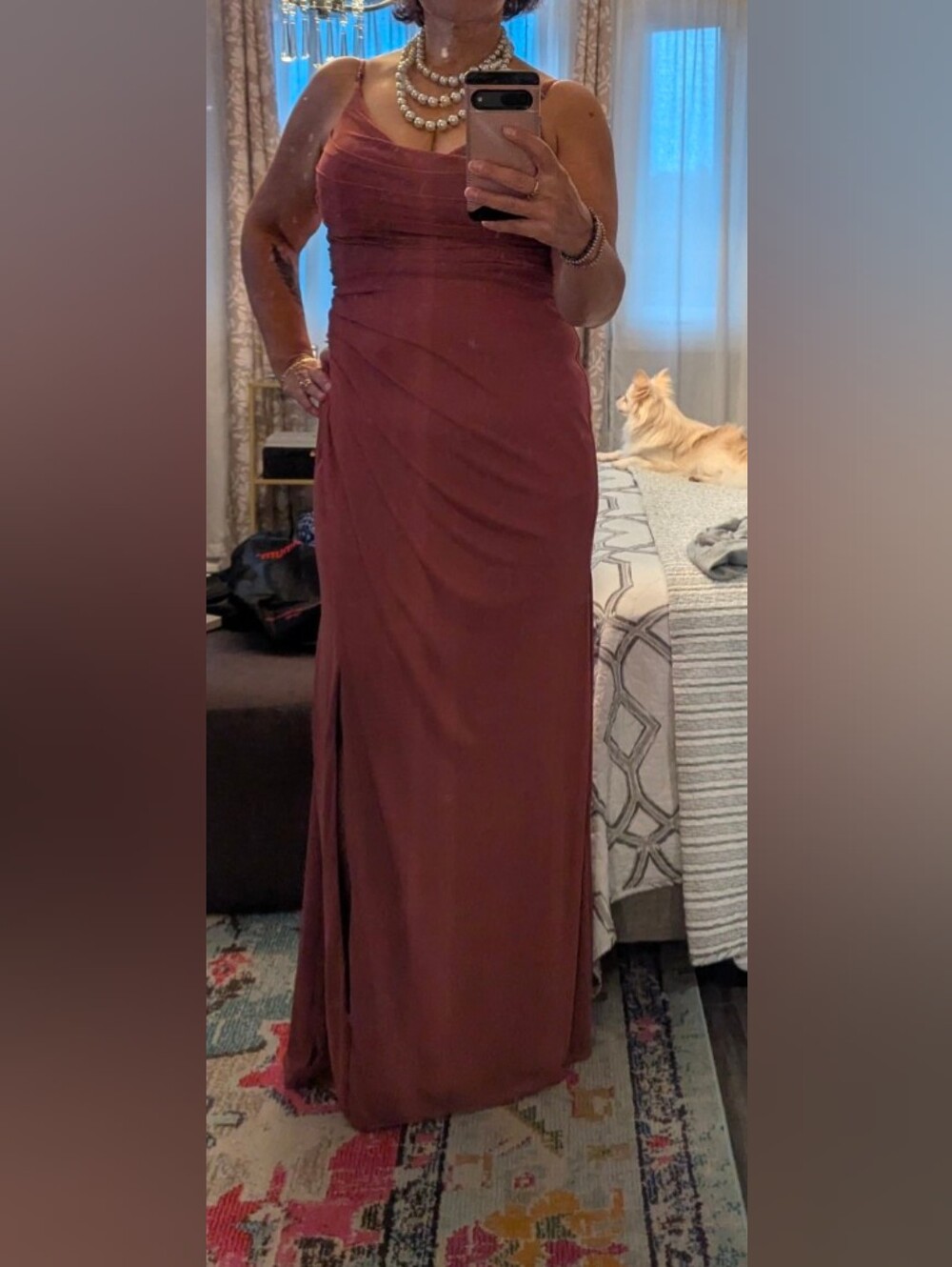 Azazie Merlot Ruched Maxi Dress with Side Slit and Spaghetti Straps